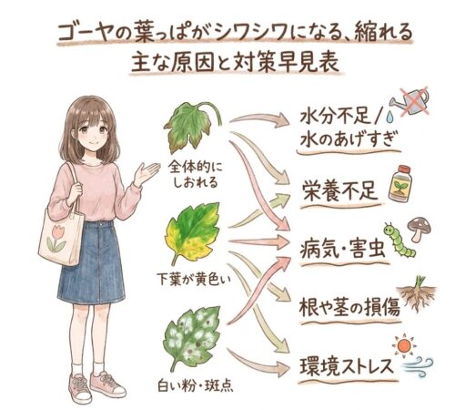 ゴーヤの葉っぱがシワシワになる、縮れる主な原因と対策早見表