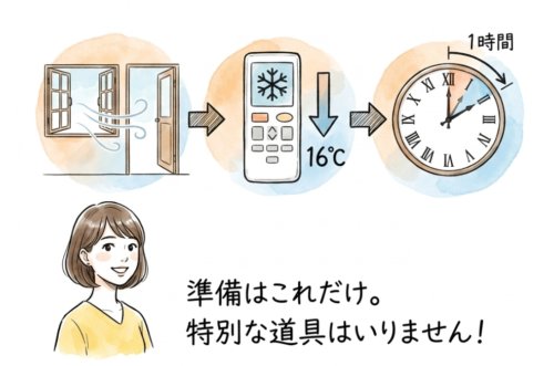 窓全開で冷房を最低温度で1時間、準備はこれだけ